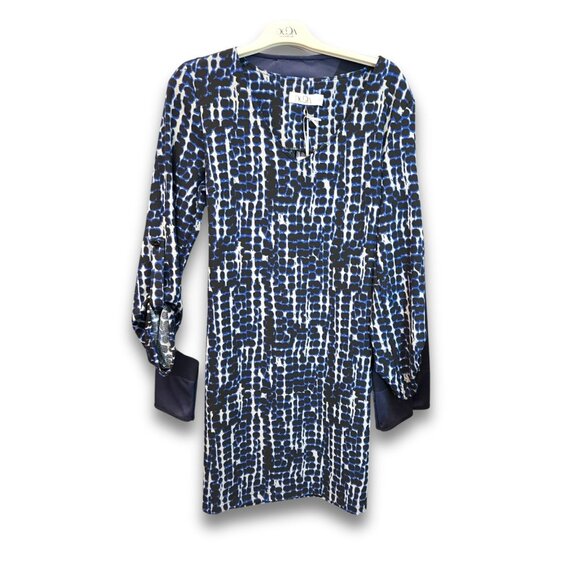 Deca Paris Longsleeve Printed Dress - Abstract Blue & Black Pattern Size S Made - Picture 2 of 5
